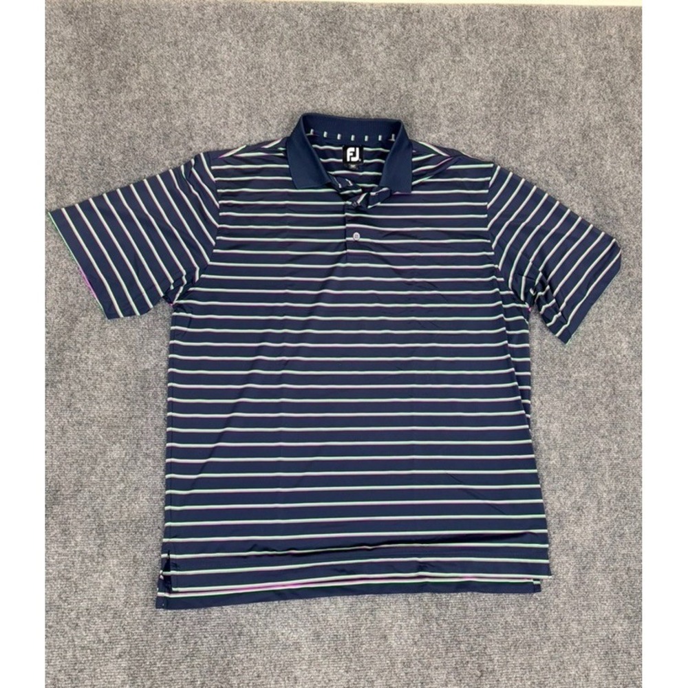 Foot Joy Blue, Pink and Green Striped Polo Shirt Size L "Lake Jovita "Logo